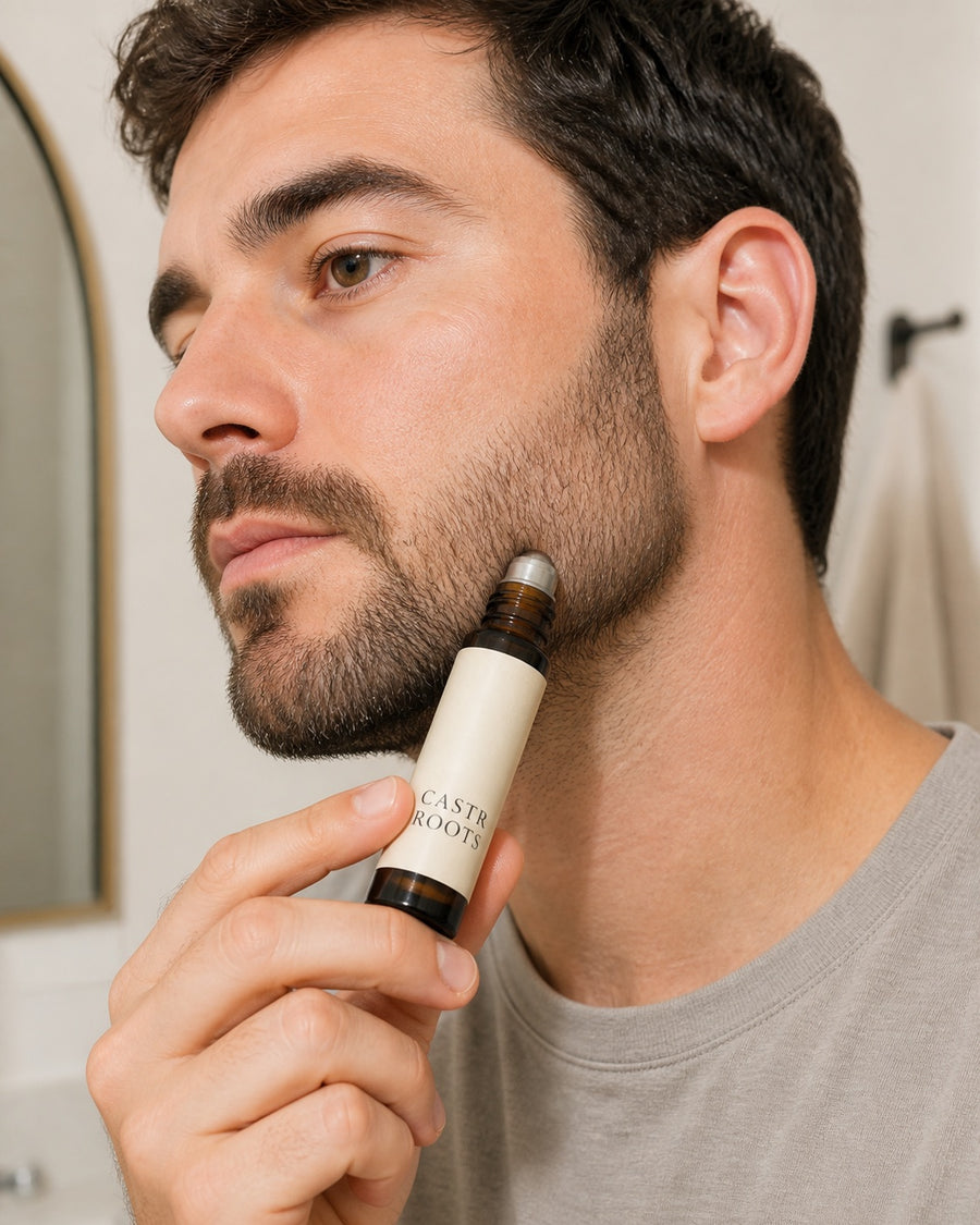 Applying CASTR ROOTS beneath a beard