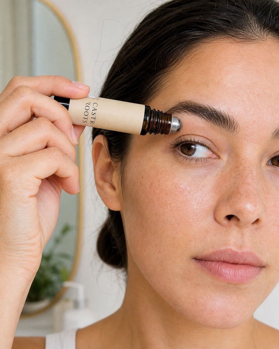 Applying a small amount of CASTR ROOTS to the brow